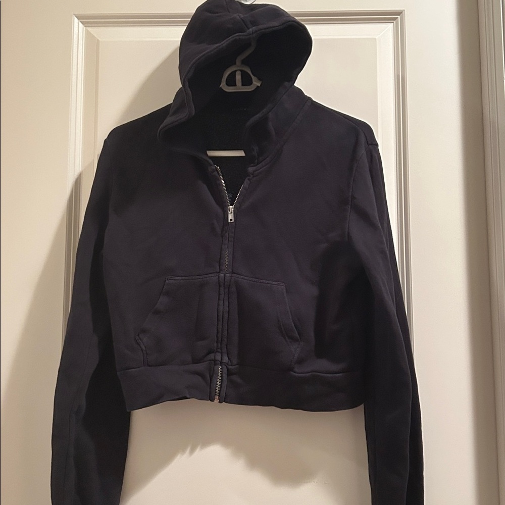 Brandy Melville J.Galt Black ZipUp Boxy Cropped Hoodie women’s size OS one size